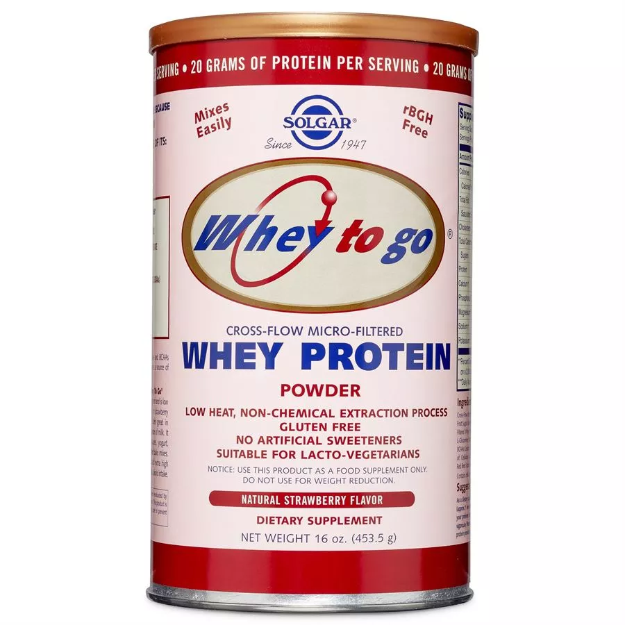 אבקת חלבון מֵי גבינה בטעם תות סולגאר 453.5 גרם Solgar Protein Natural Strawberry Flavor Powder